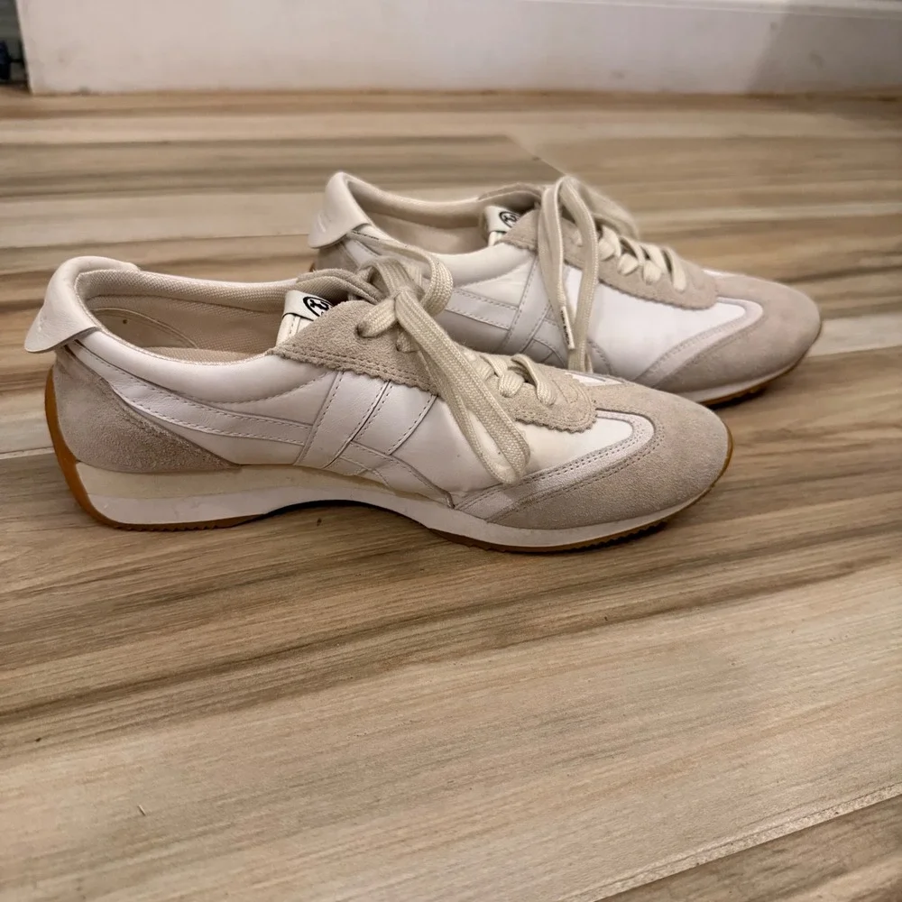 Tory Burch Hank Leather Suede Sneakers Snow White Beige Women's Size 7M No Box
